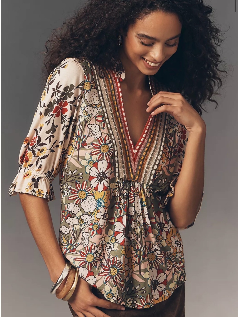 Anthropologie Bl-nk Stephanie Top V Neck Stitching Pullover Bell Cuffs  Floral